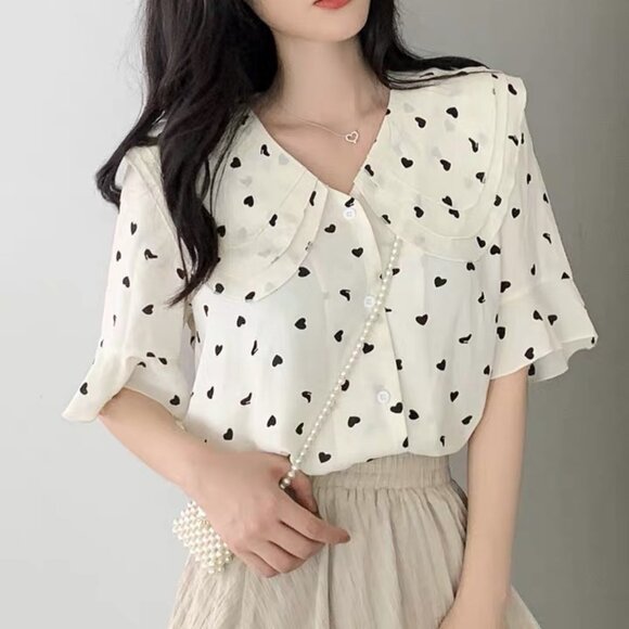 Women's Heart Print Layered Sailor Collar Butterfly Short Sleeves Blouse Shirt - Picture 1 of 9